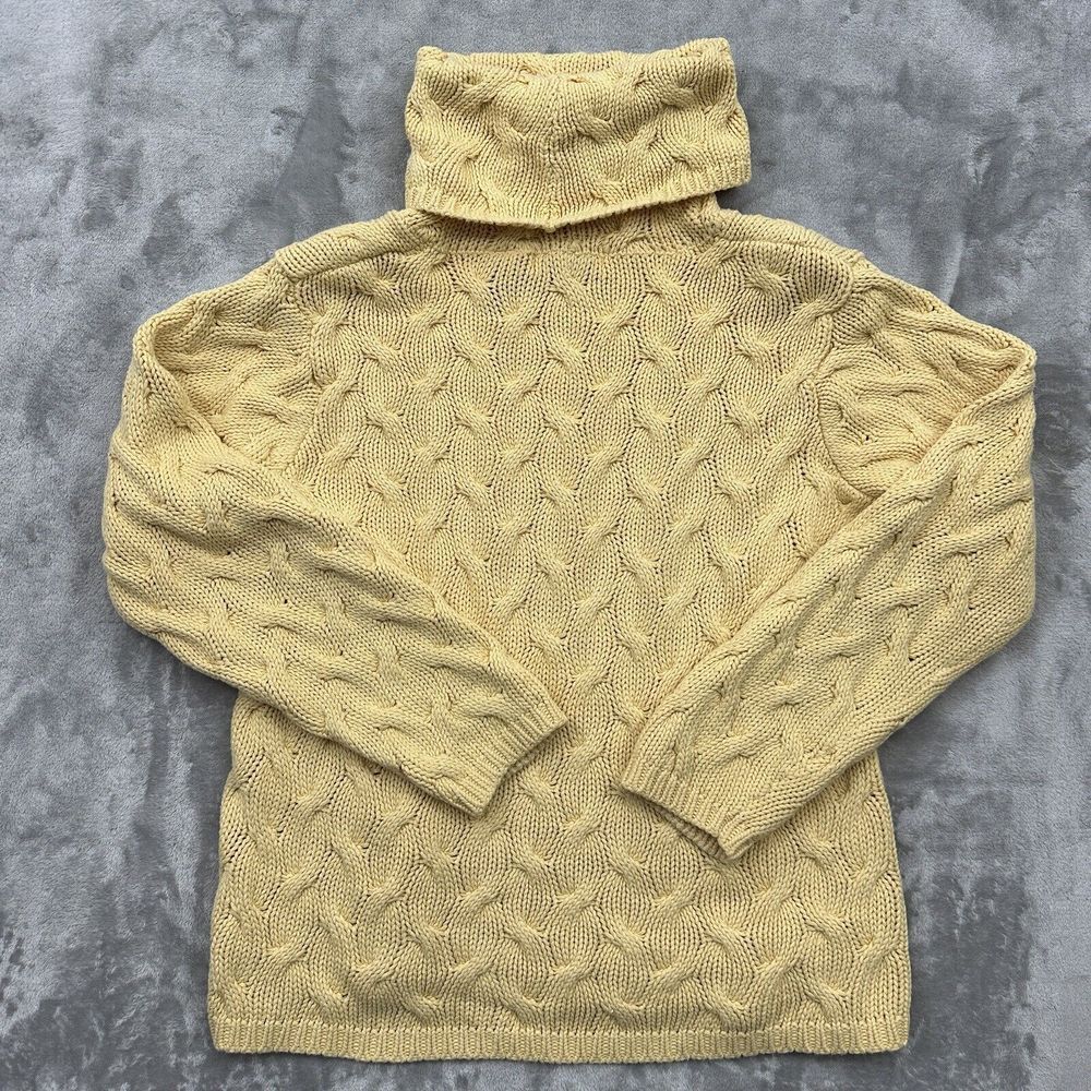 Wainscott Sweater Womans Small Yellow‎ Turtle Neck Cable Knit Thick Cotton